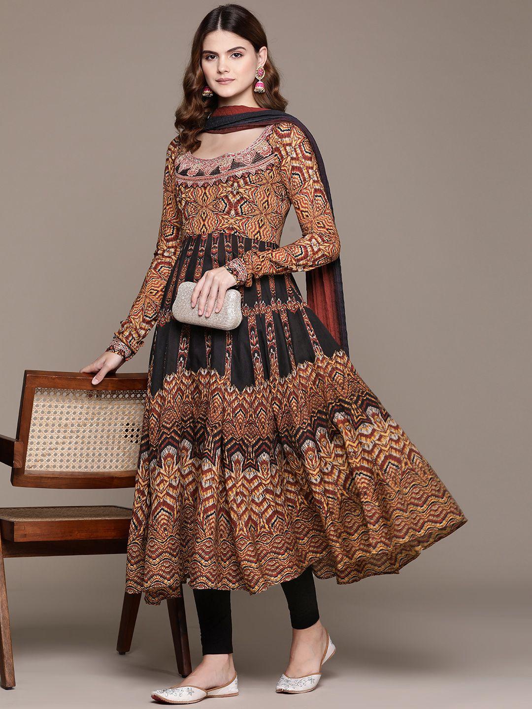 ritu kumar women printed tiered anarkali kurta with leggings & with dupatta