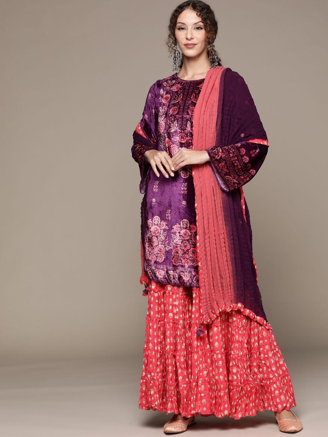 ritu kumar women purple floral printed kurta set