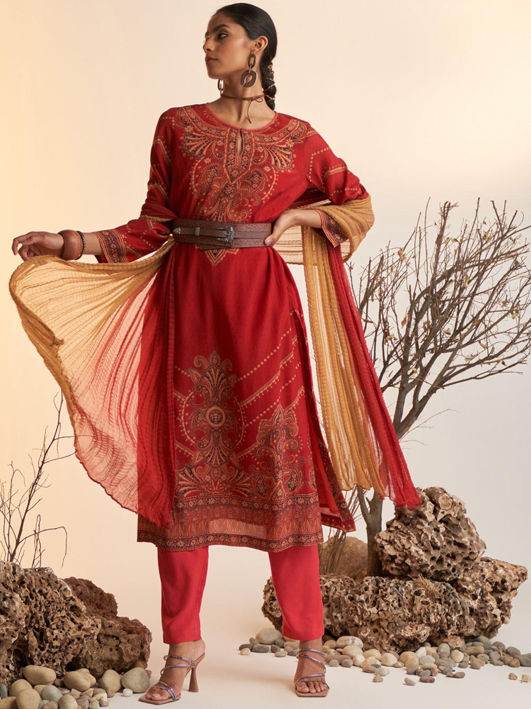 ritu kumar women rust red & beige ethnic motifs printed kurta with trousers & dupatta