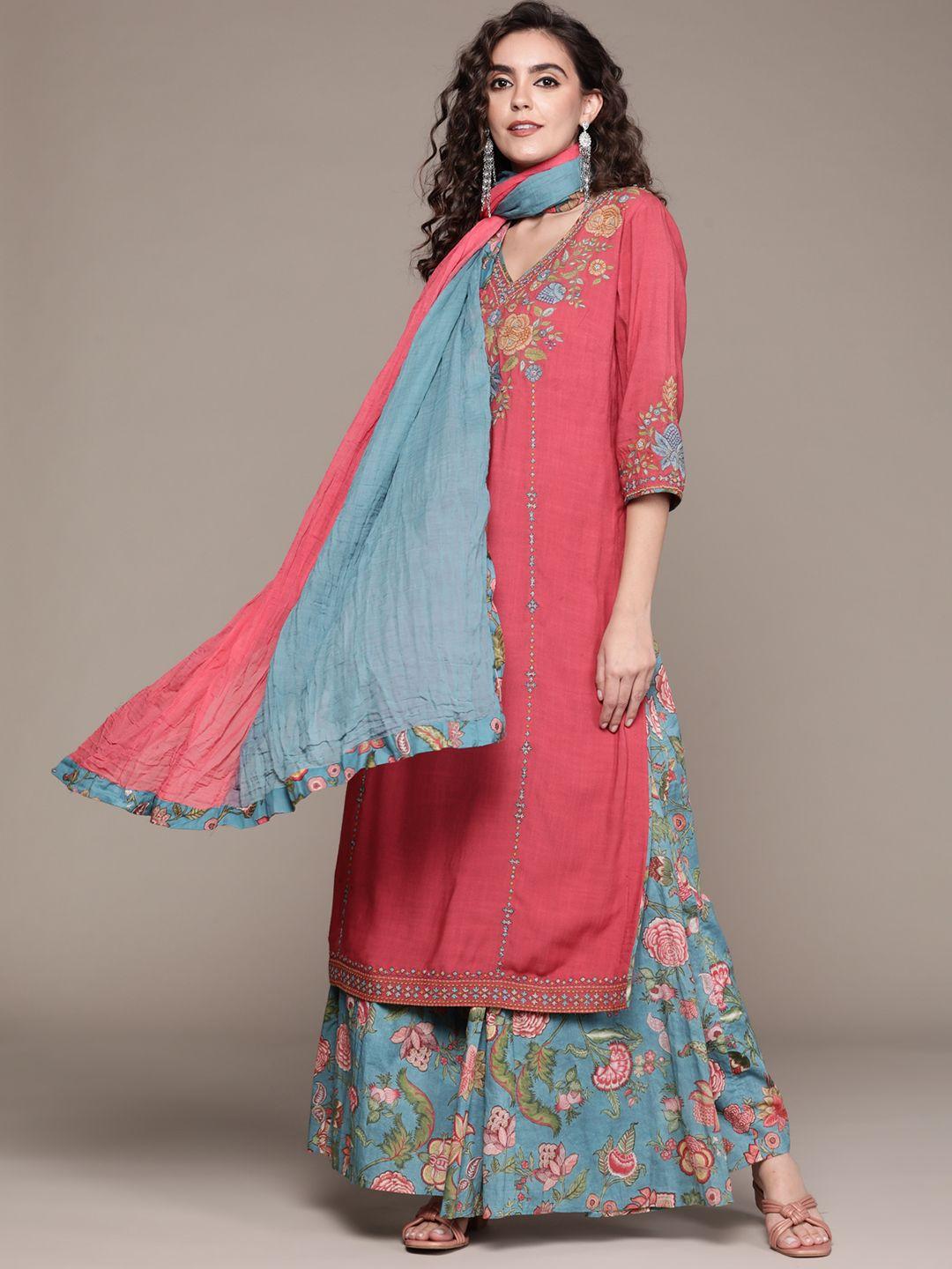 ritu kumar women rust red & blue floral embroidered kurta with sharara & dupatta