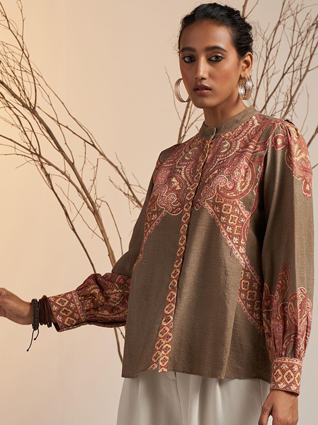 ritu kumar women taupe printed relaxed casual shirt