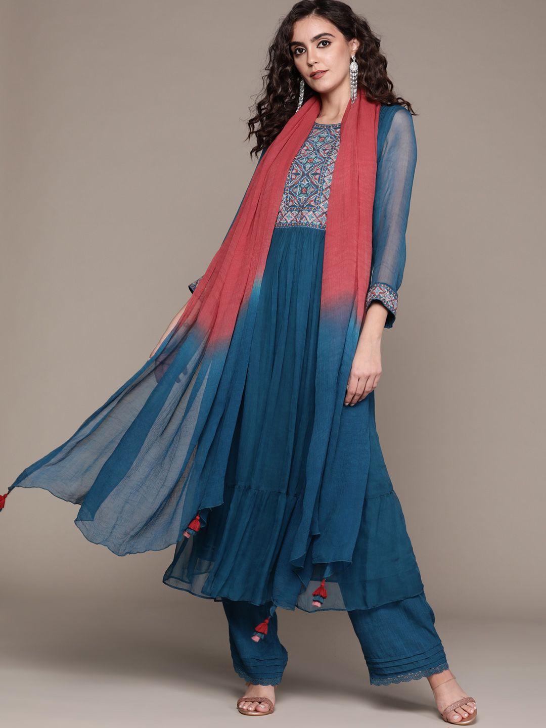 ritu kumar women teal blue ethnic motifs embroidered kurta with trousers & dupatta