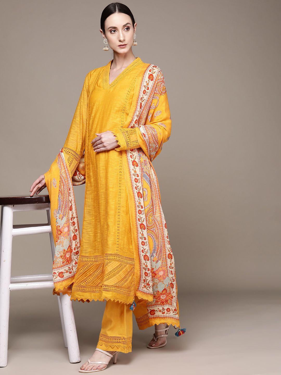 ritu kumar women yellow beads and stones chanderi cotton kurta with trousers & with dupatta