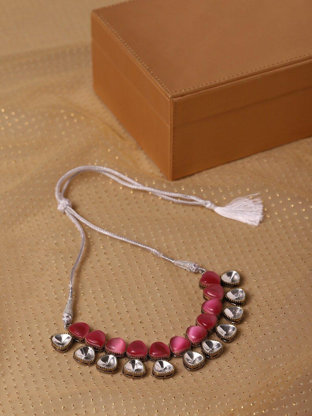 ritu singh pink & white rhodium-plated necklace