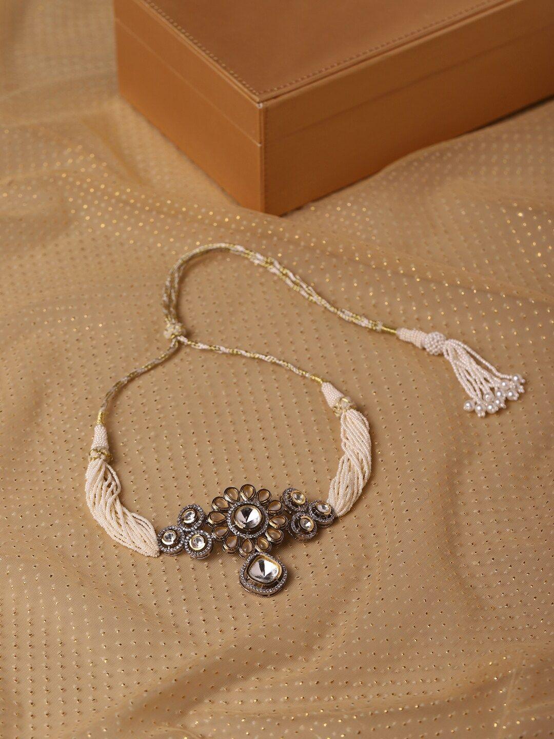 ritu singh white & cream-coloured rhodium-plated handcrafted necklace
