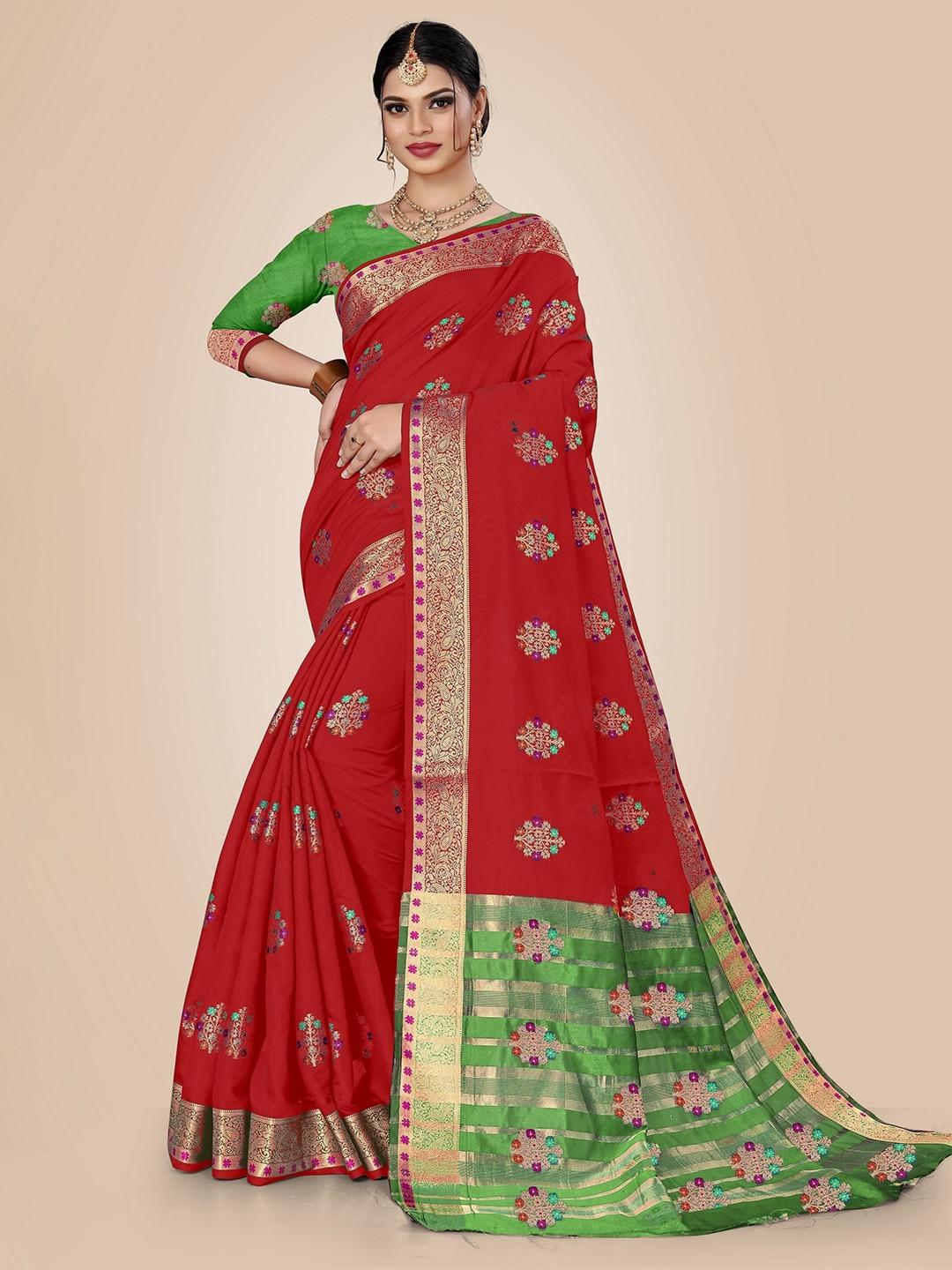 rivana red & green woven design zari pure cotton chanderi saree