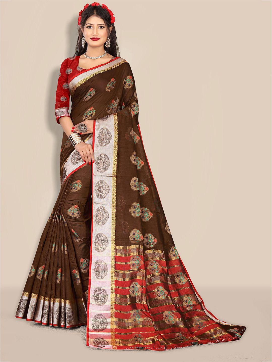 rivana brown & gold-toned floral zari pure cotton chanderi saree