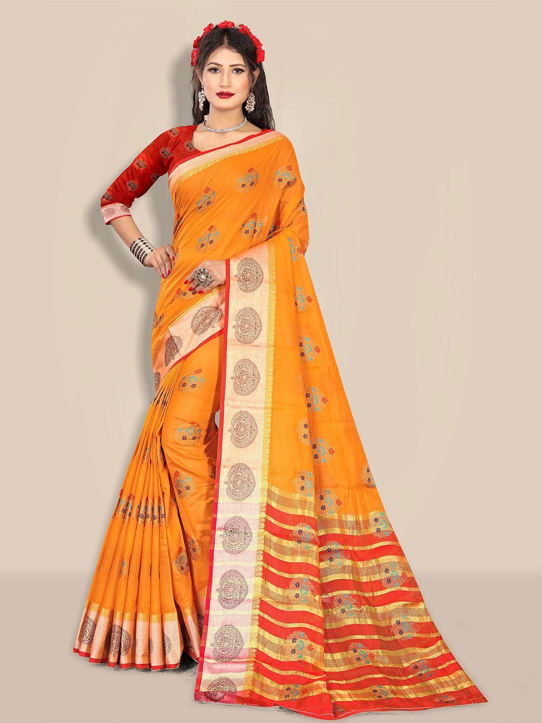 rivana mustard & red woven design pure cotton handloom saree