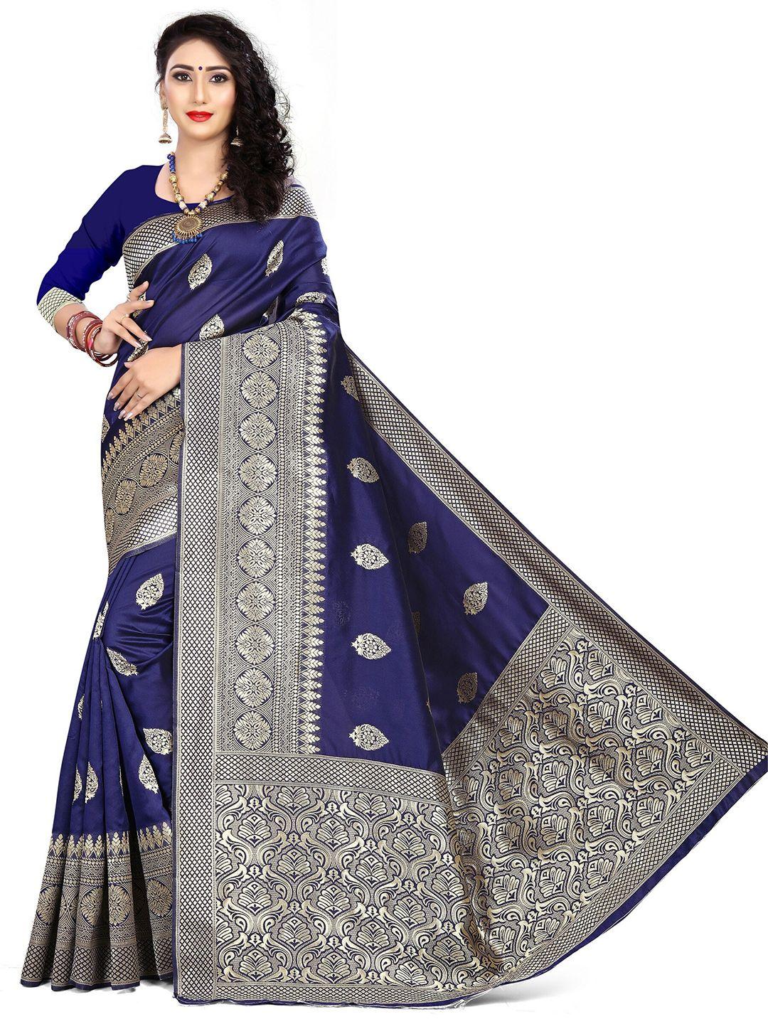 rivana navy blue & gold-toned woven design zari banarasi saree