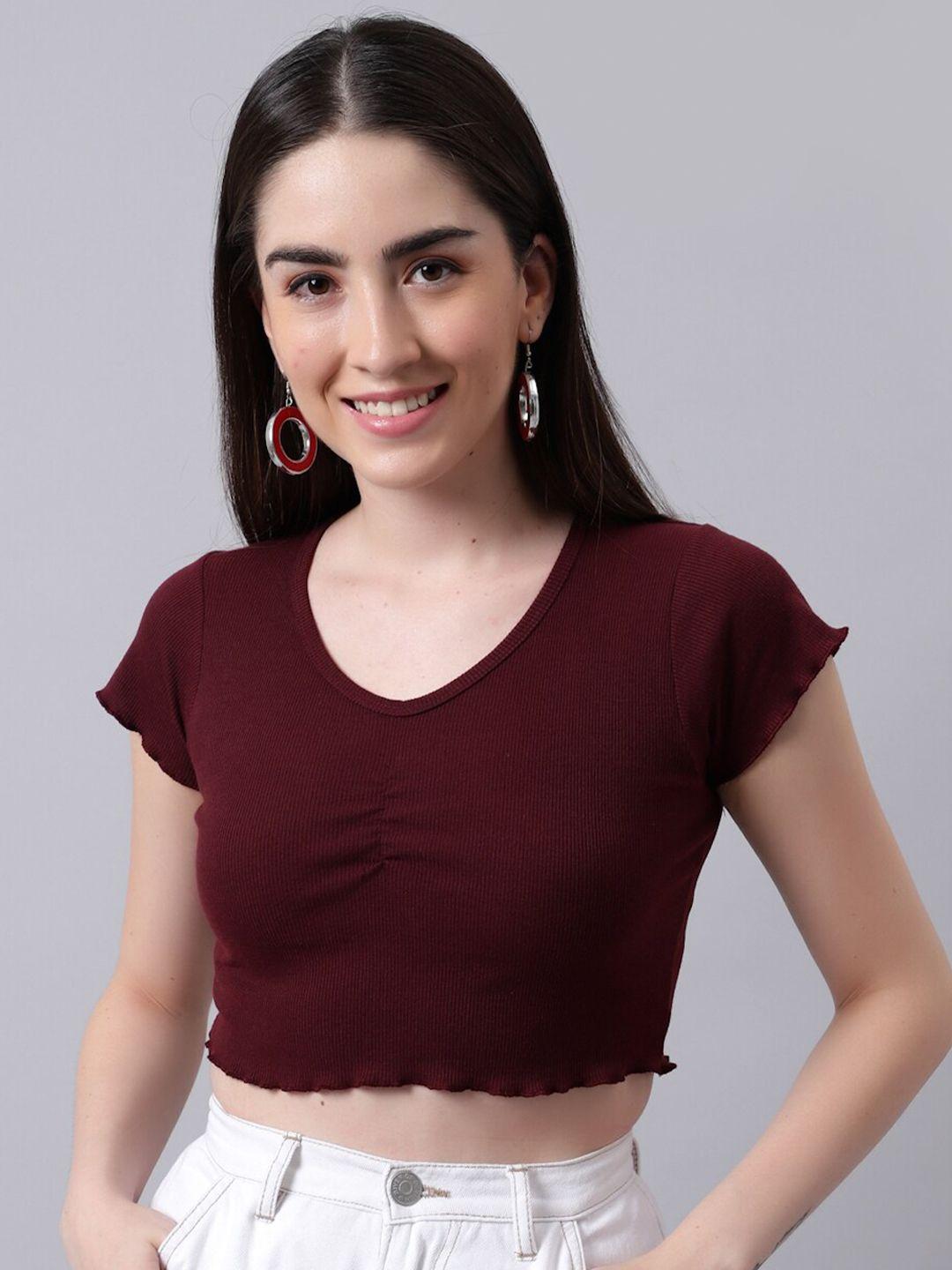 river of design jeans women maroon solid pure cotton regular crop top