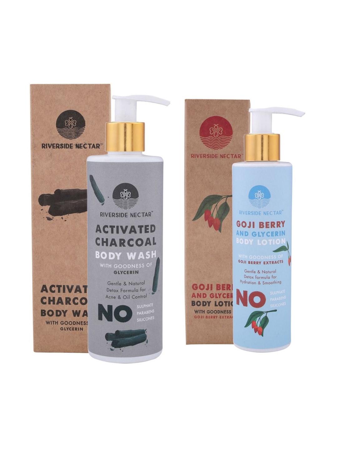 riverside nectar set of activated charcoal body wash & goji berry body lotion