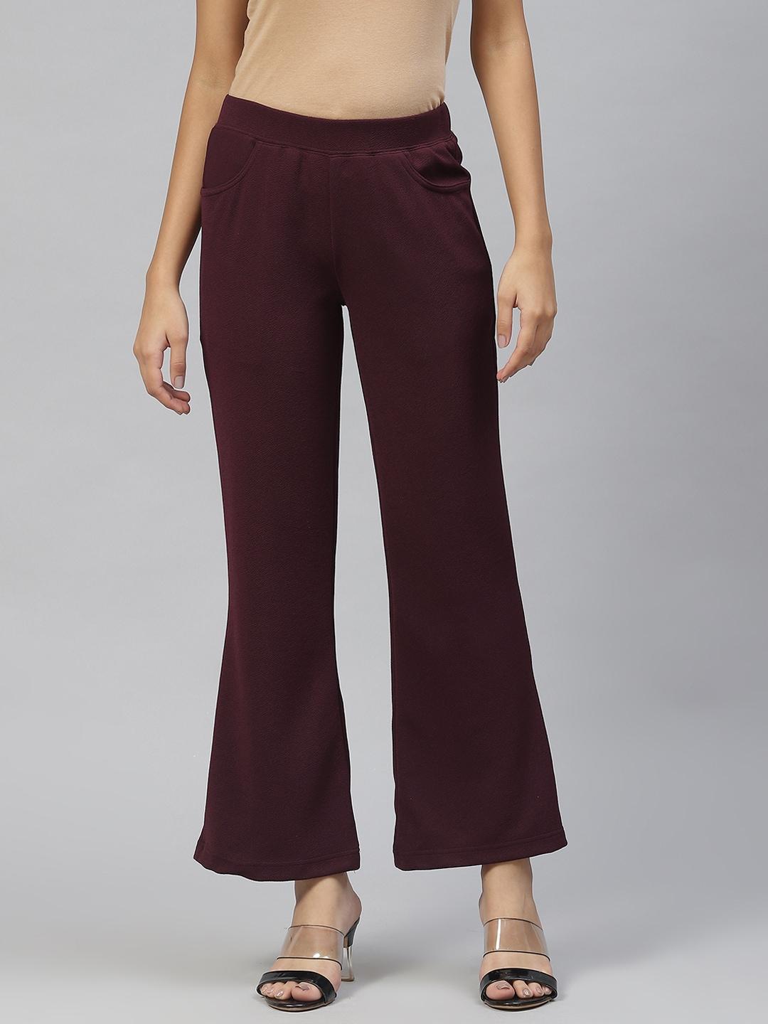 rivi women maroon relaxed flared easy wash trousers