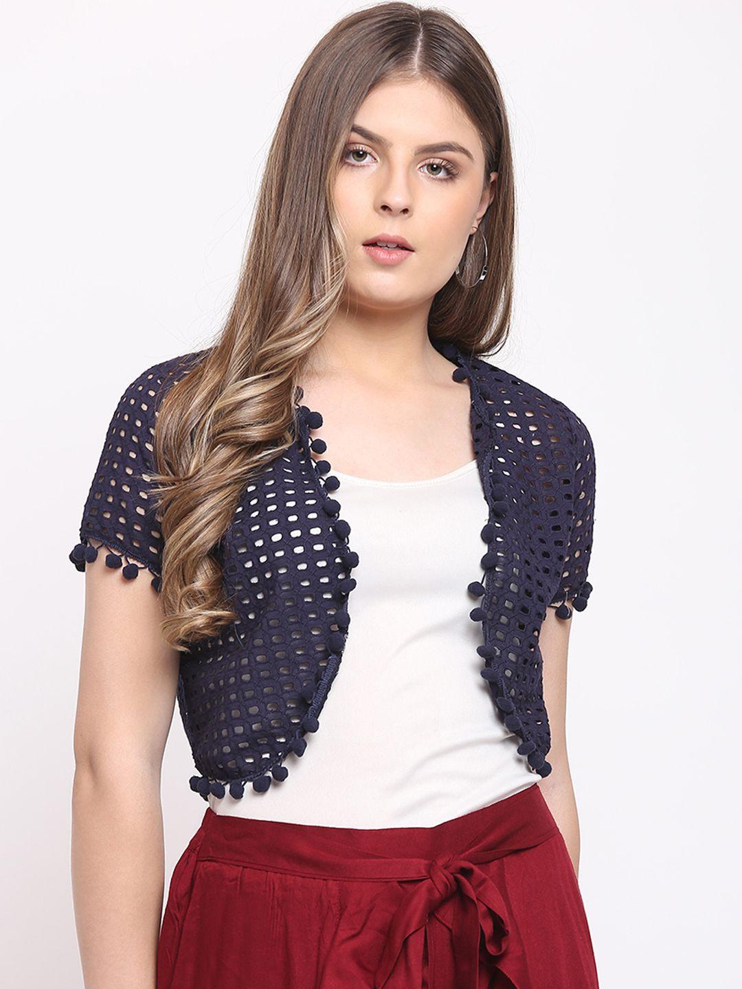 rivi navy blue self design semi-sheer open front crop shrug