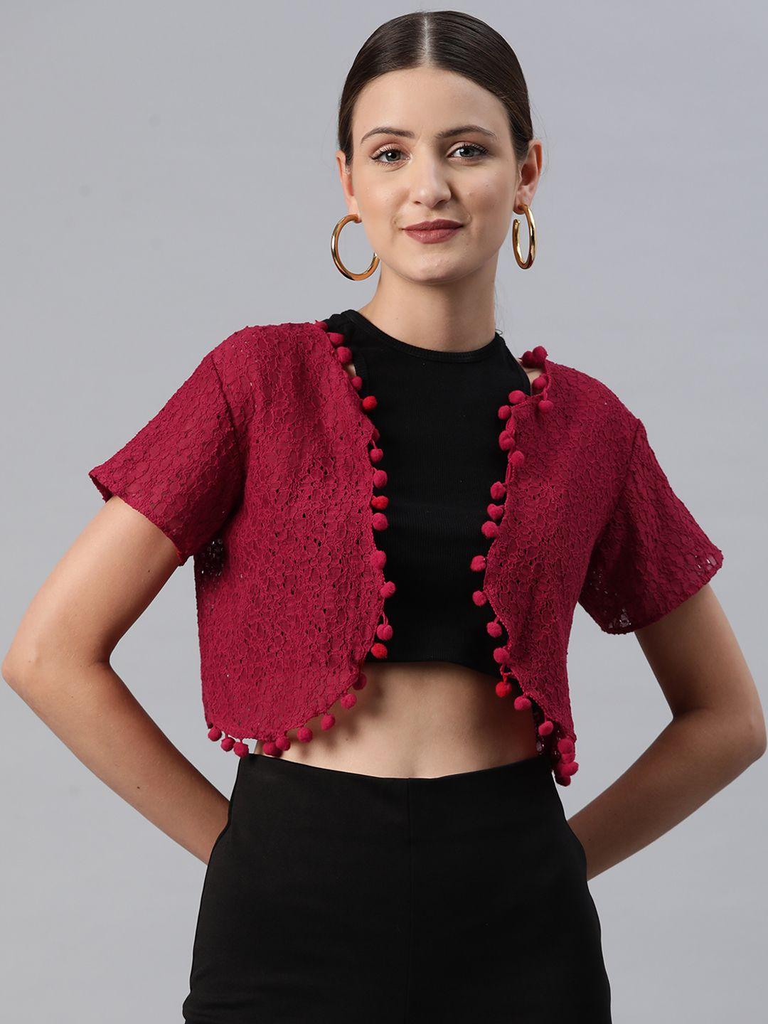 rivi self-design pure cotton front-open crop shrug with pom-pom detail