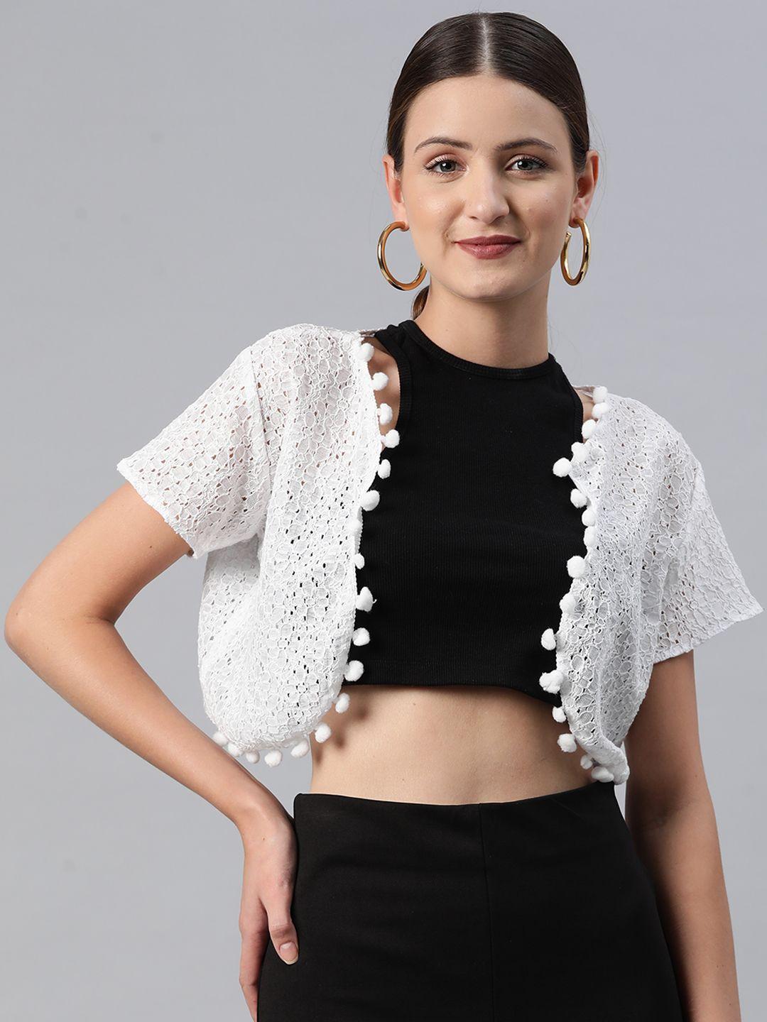 rivi self-design pure cotton front-open crop shrug with pom-pom detail