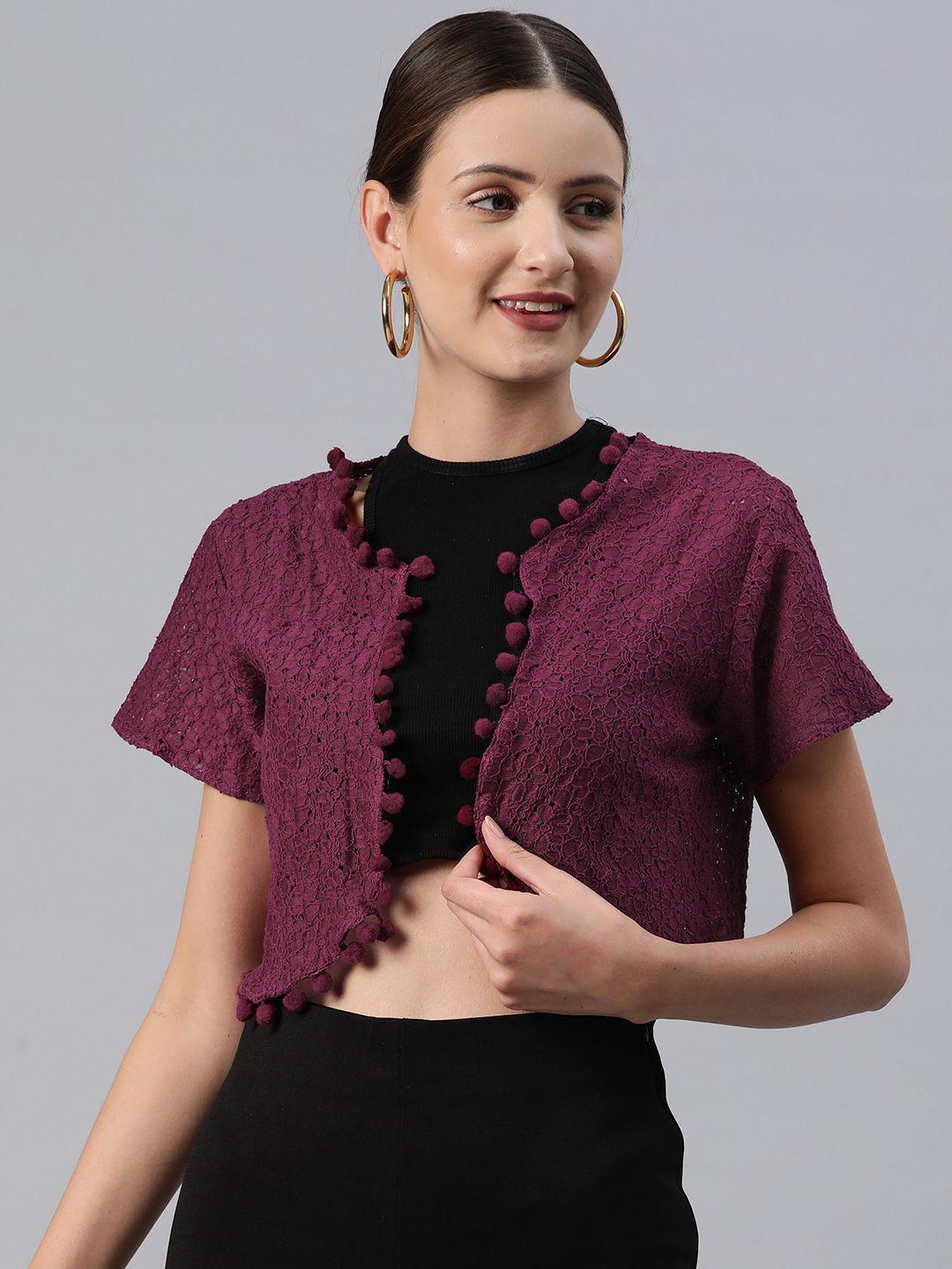 rivi self-design pure cotton front-open crop shrug with pom-pom detail