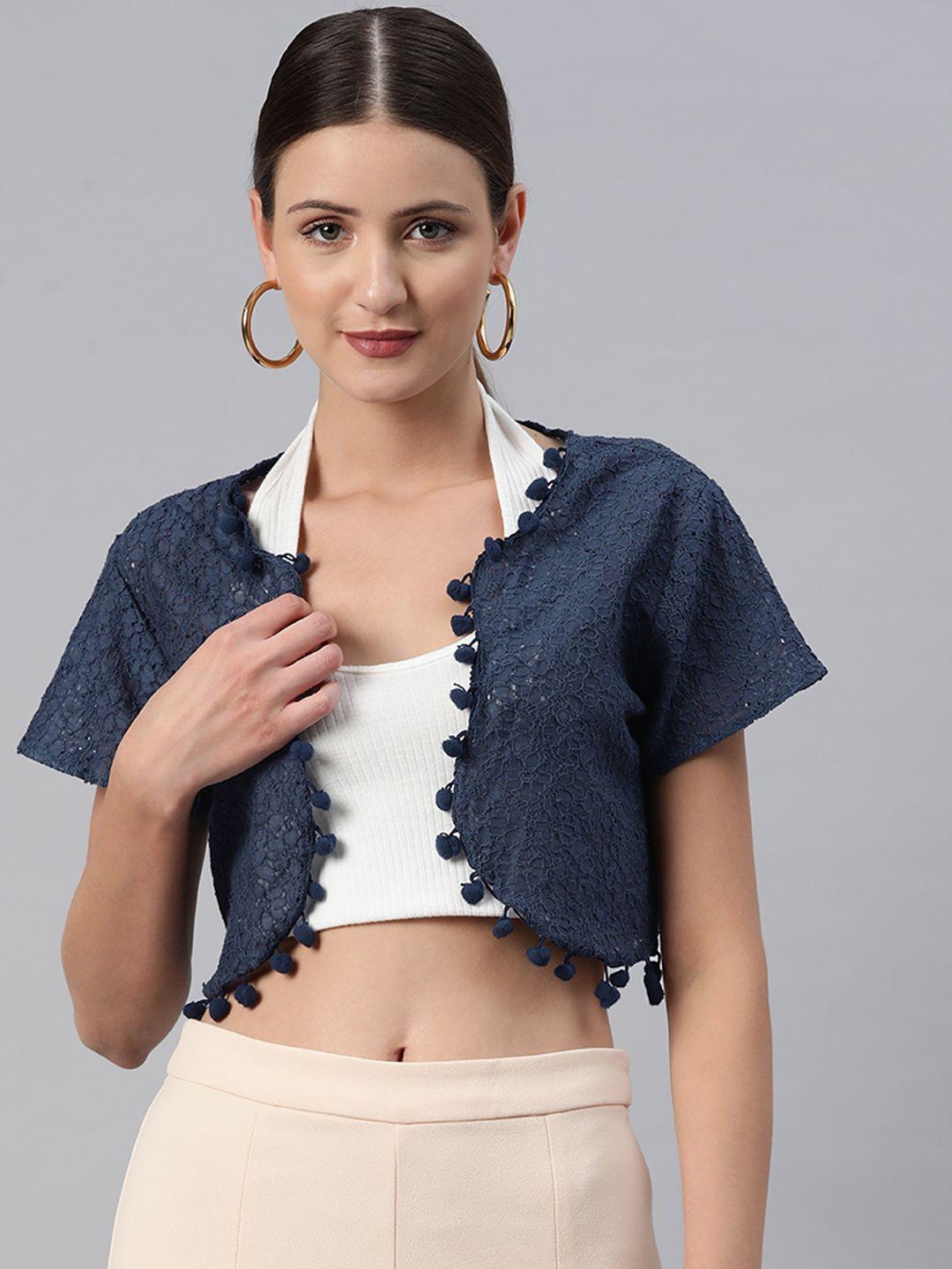 rivi self-design pure cotton front-open crop shrug with pom-pom detail