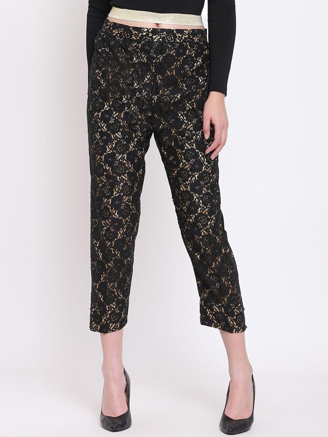 rivi women black animal printed cotton trousers