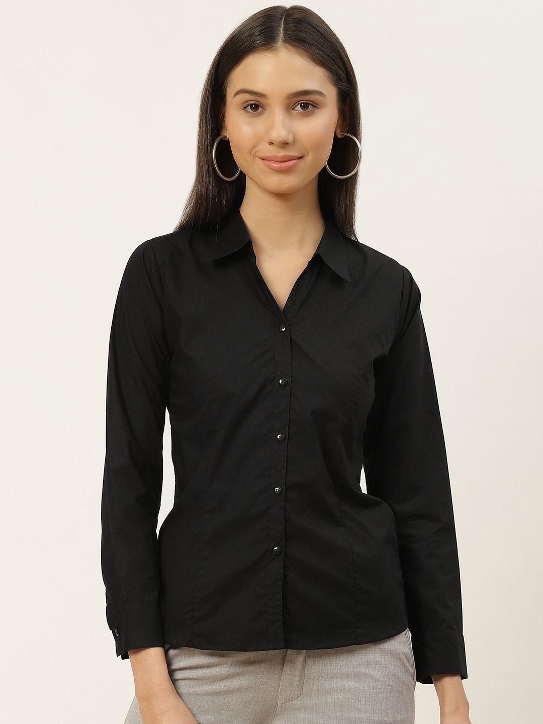 rivi women black pure cotton slim fit solid formal shirt