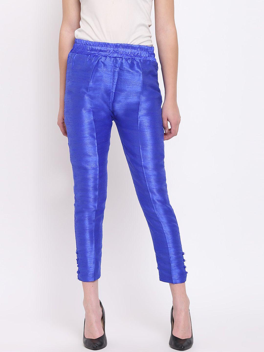 rivi women blue & grey melange regular fit solid cigarette trousers