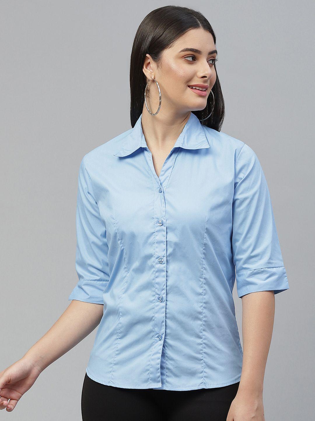 rivi women blue pure cotton solid slim fit casual shirt