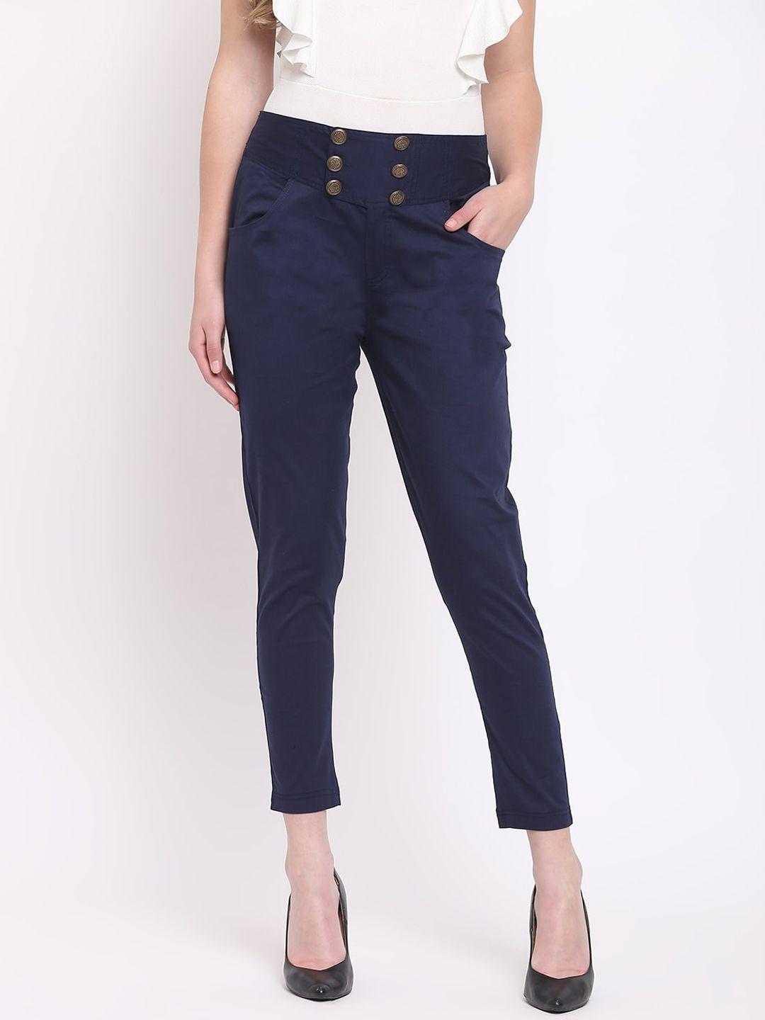 rivi women blue regular fit solid regular trousers