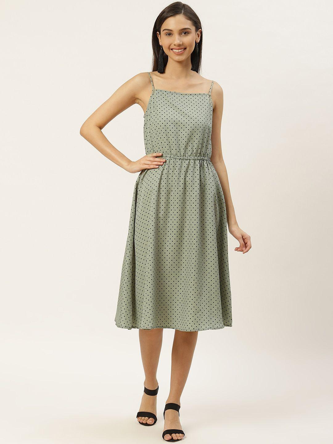 rivi women green & black polka dots printed a-line dress