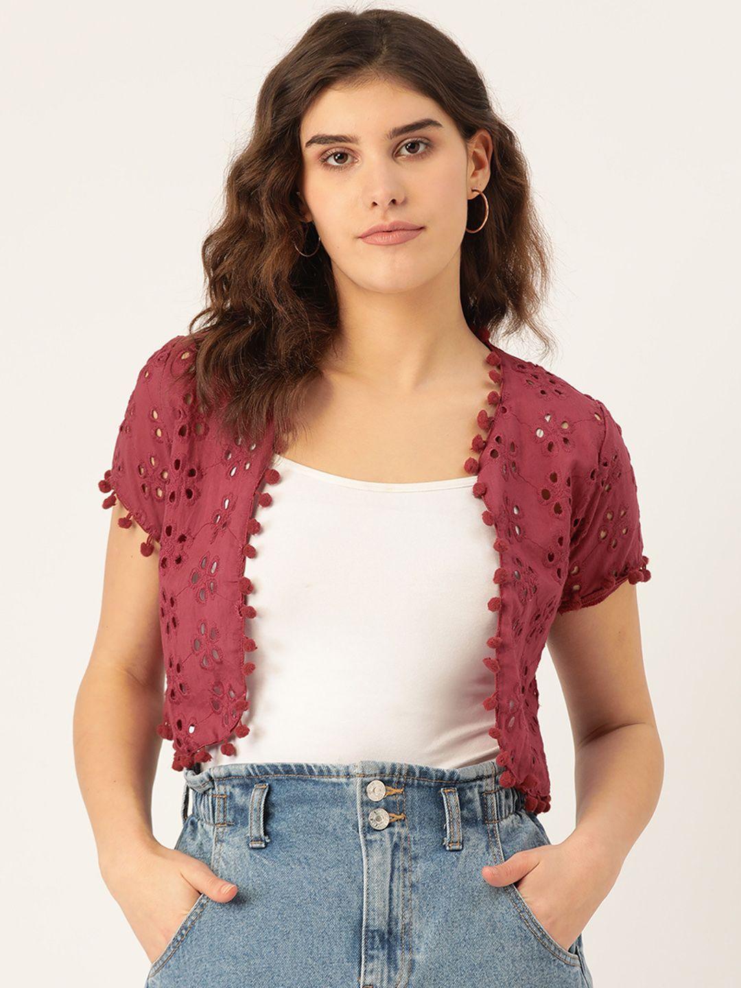 rivi women maroon cotton schiffli embroidered open front crop shrug