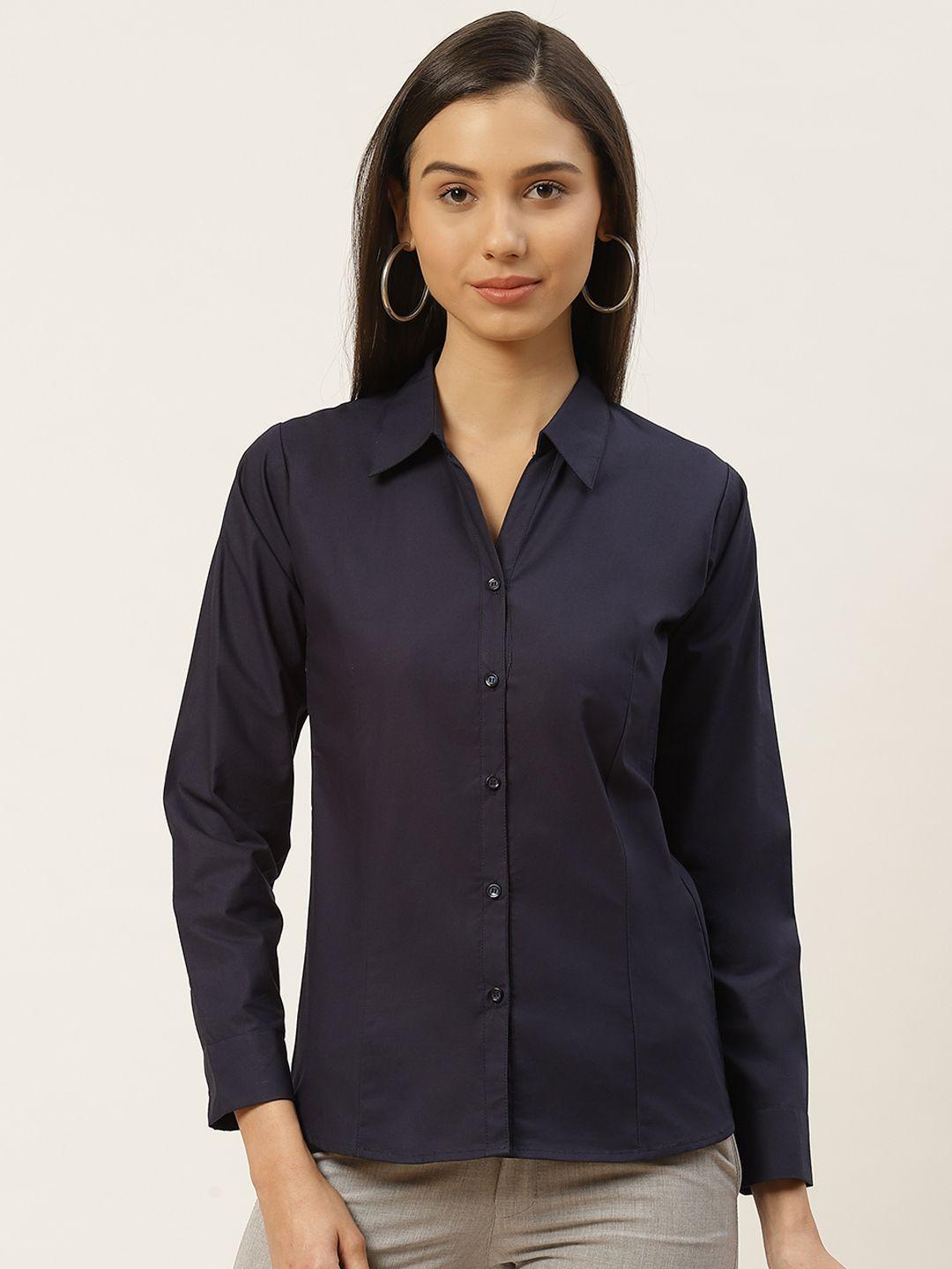 rivi women navy blue pure cotton slim fit solid formal shirt