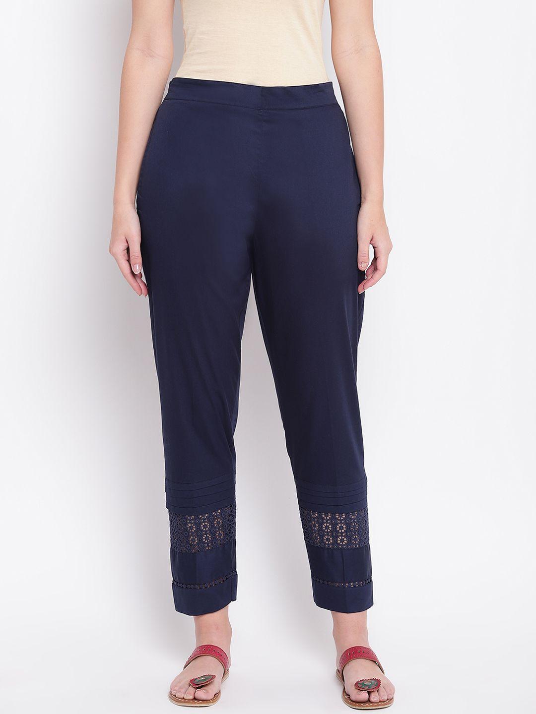 rivi women navy blue relaxed fit solid regular trousers with lace inserts