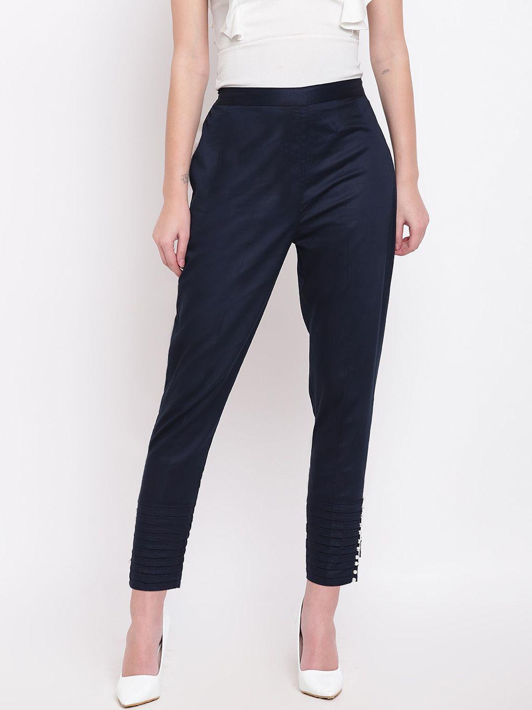 rivi women navy blue slim fit solid regular trousers