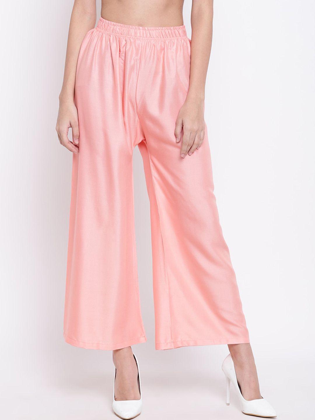 rivi women peach-coloured slim fit solid parallel trousers