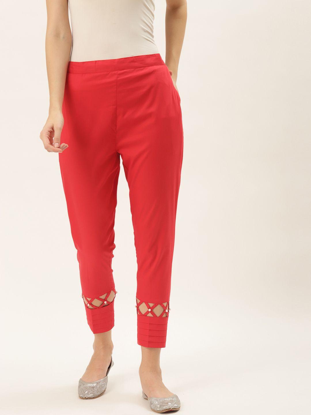 rivi women red easy wash trousers