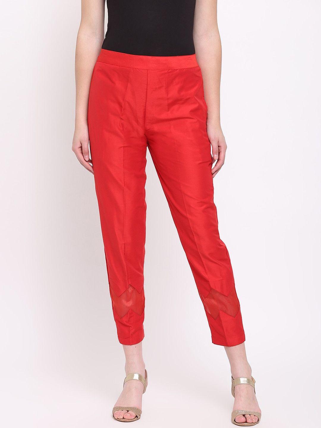 rivi women red solid mid-rise cropped trousers