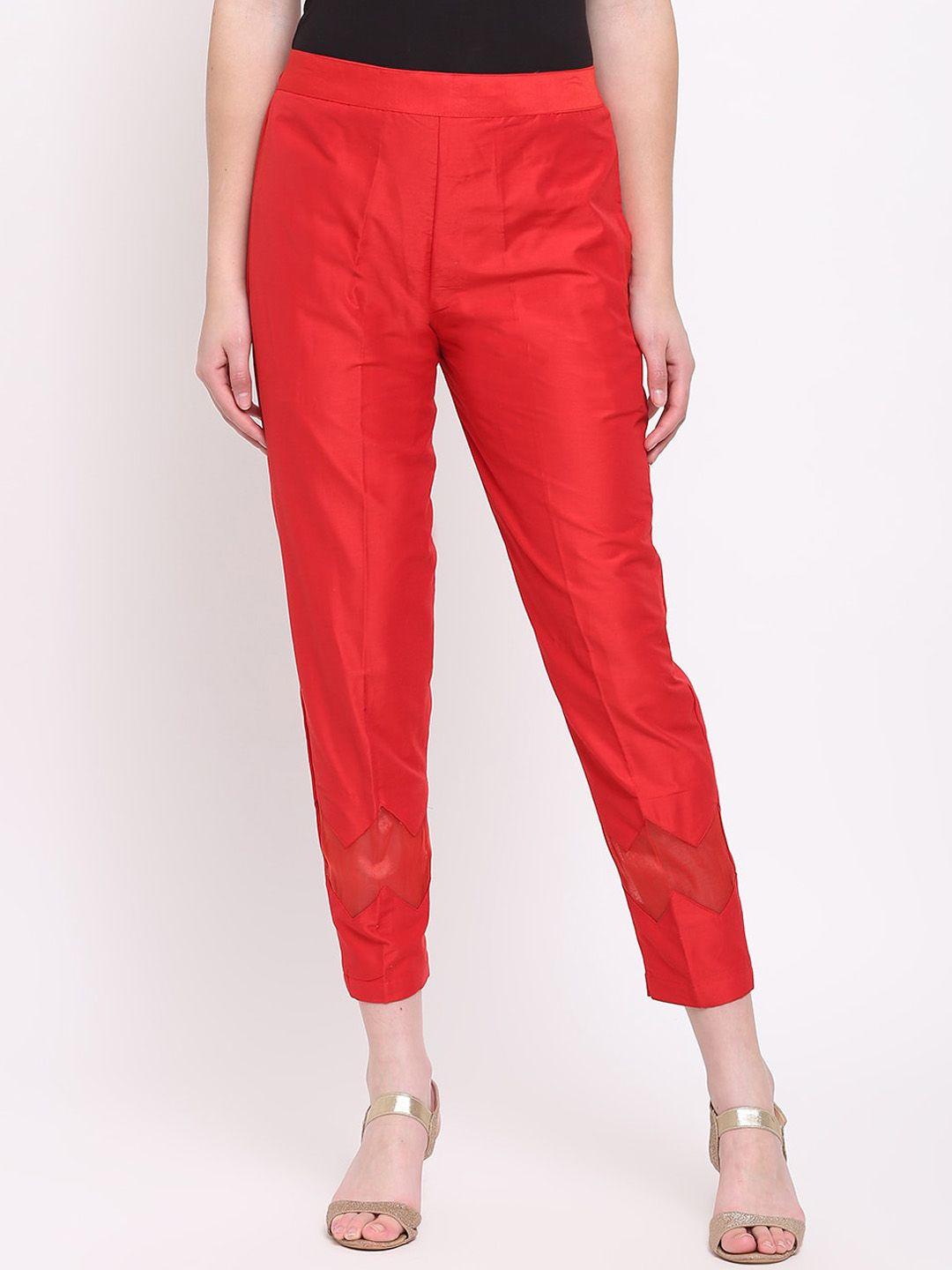 rivi women red solid regular fit cigarette trousers