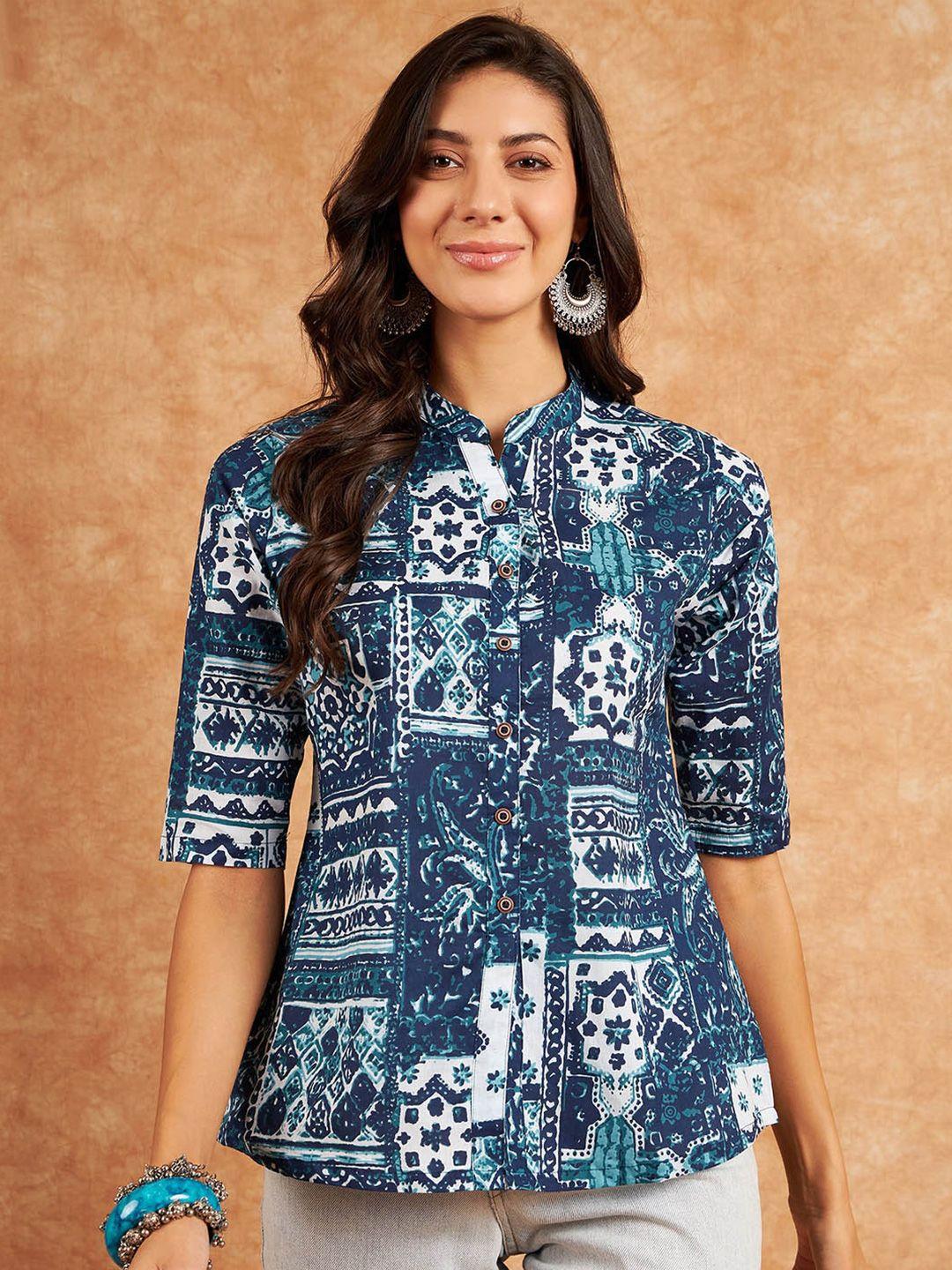 rivza ethnic motifs printed mandarin collar cotton shirt style top