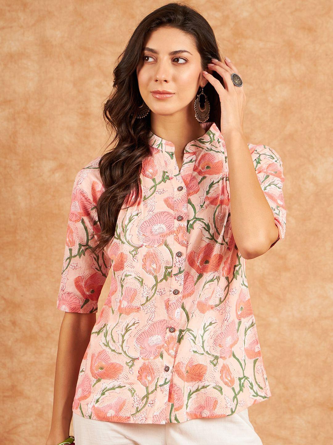 rivza floral printed mandarin collar cotton shirt style top