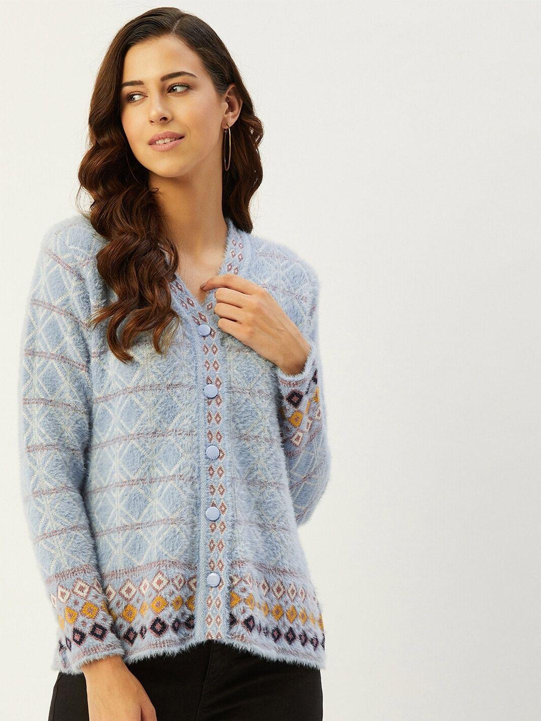 rivza women blue & white printed cardigan