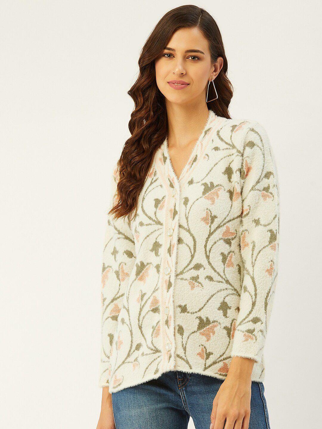 rivza women off white & green floral cardigan sweater