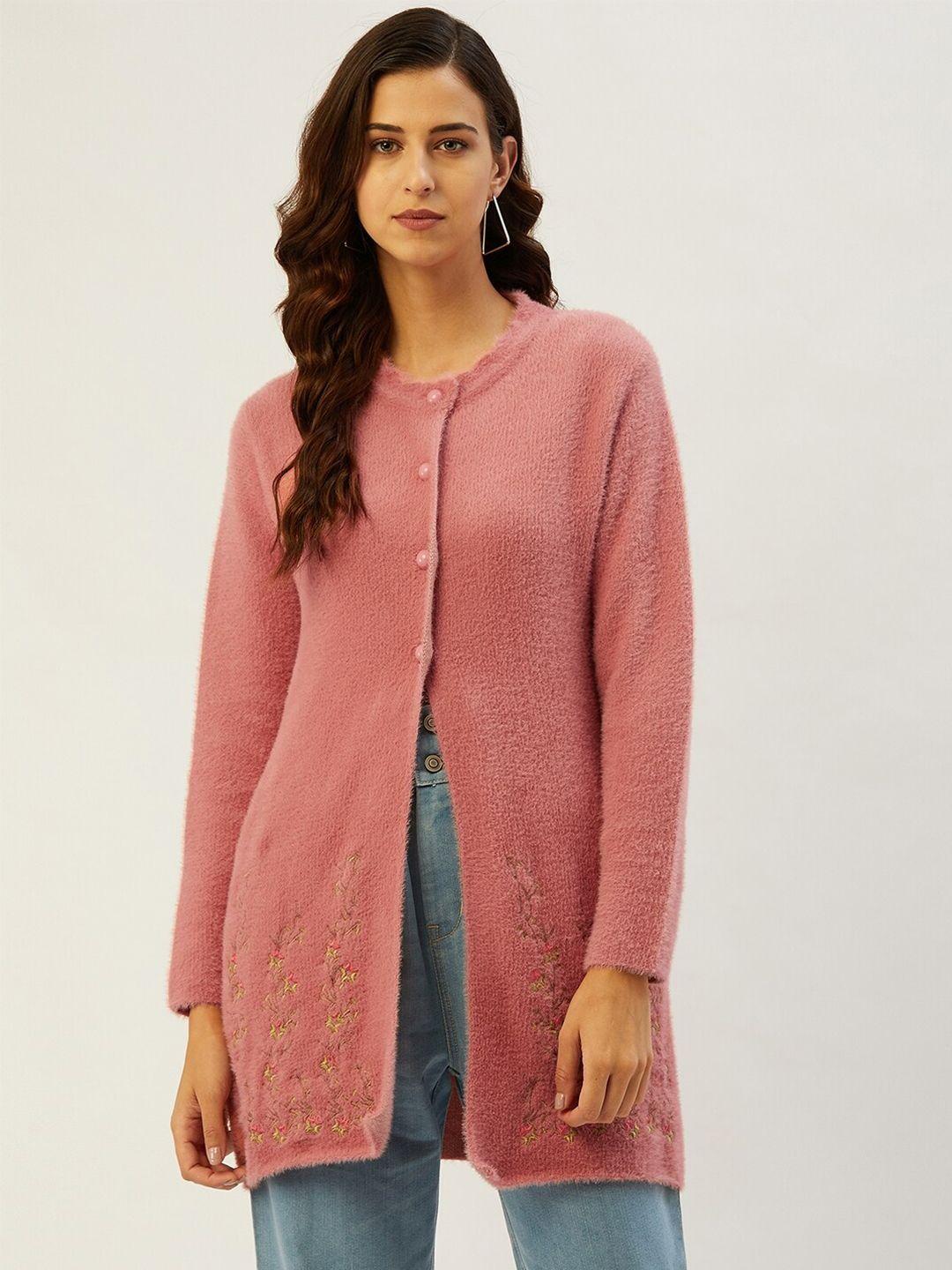 rivza women pink embroidered longline cardigan