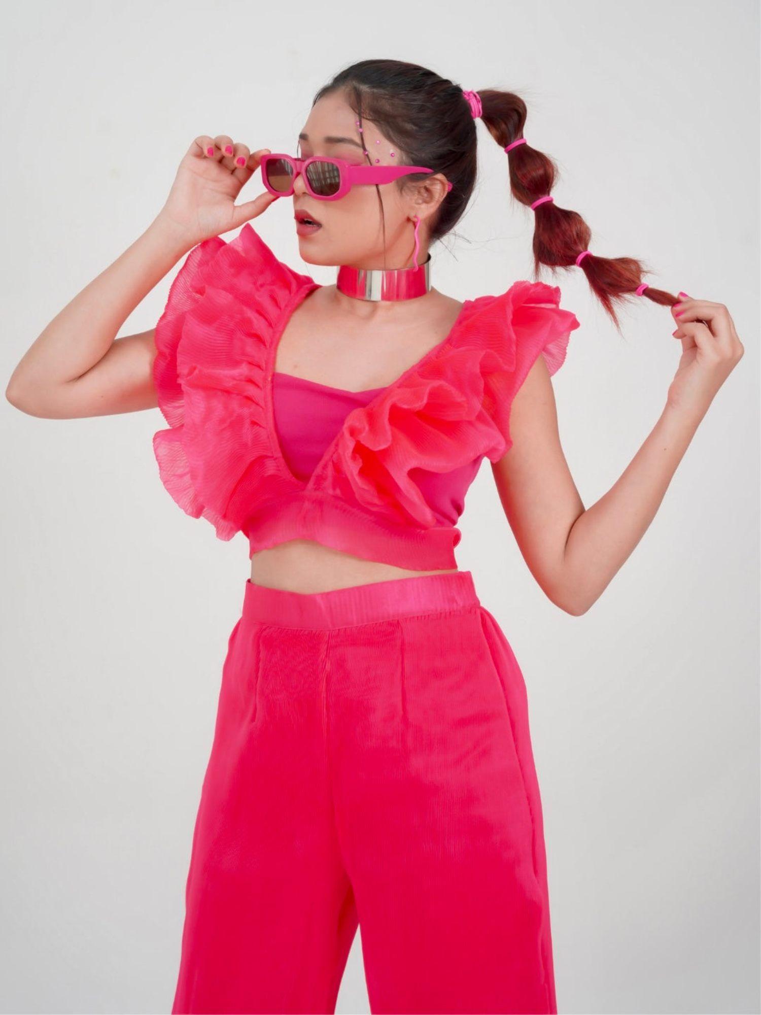 riya jain's ruffled tie up crop top (pink xs