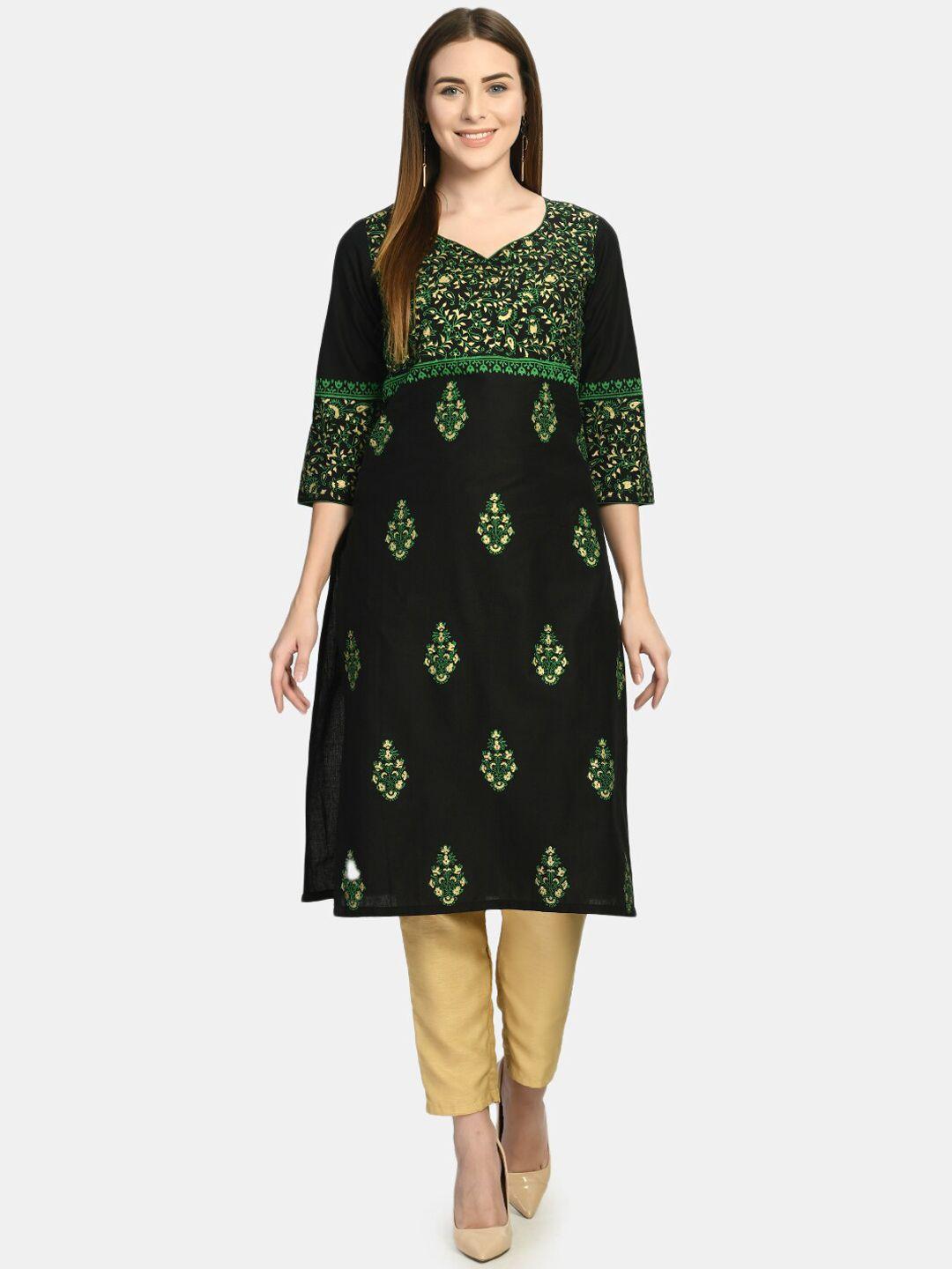 riya women black & green ethnic motifs block printed kurta
