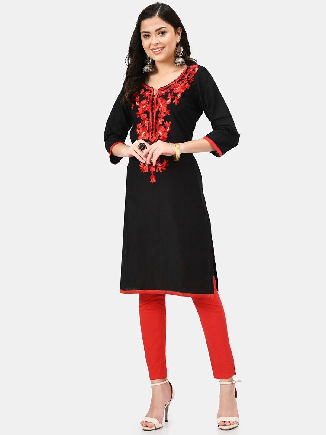 riya women black embroidered flared sleeves thread work kurta