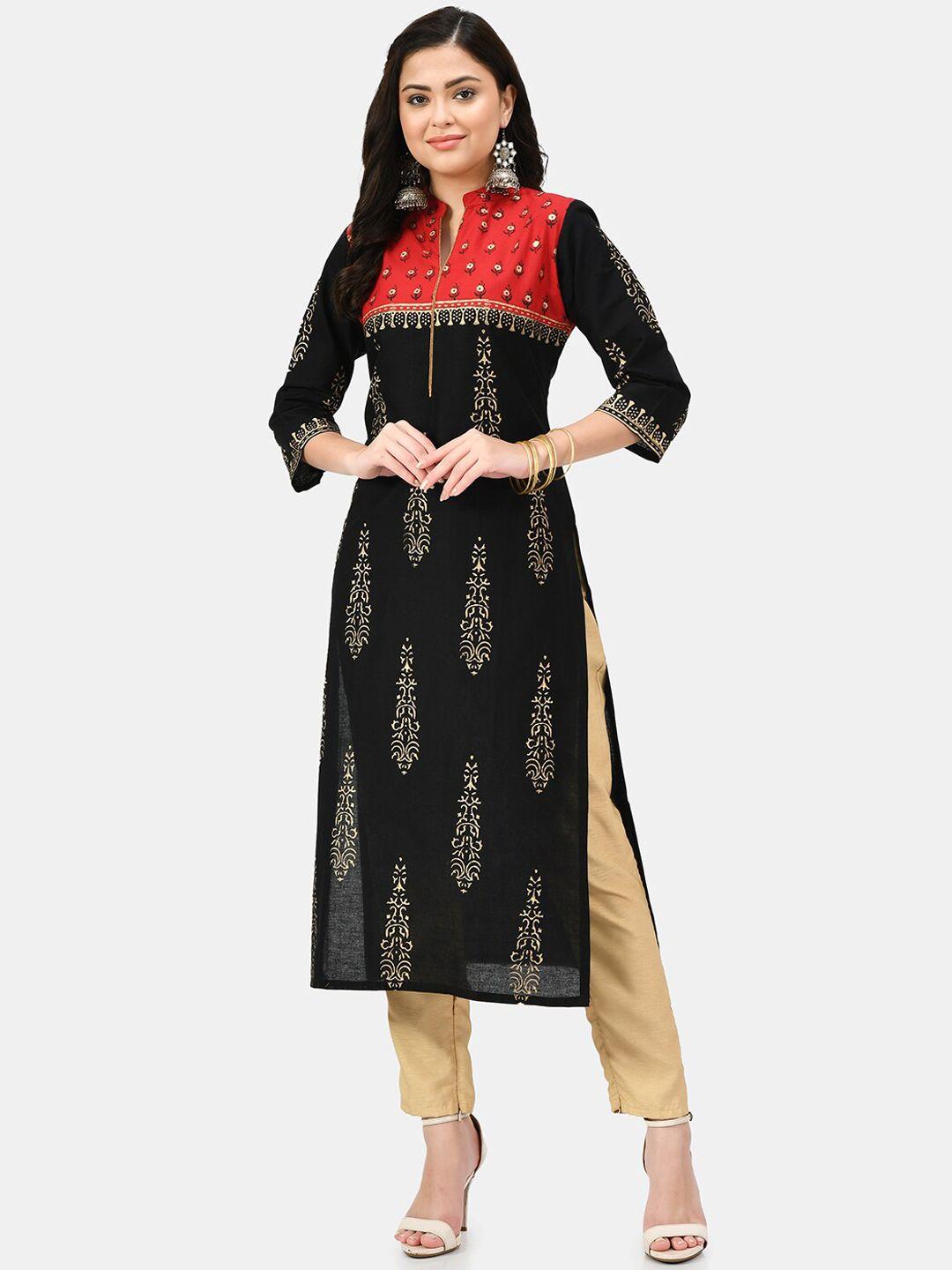 riya women black ethnic motifs embroidered kurta