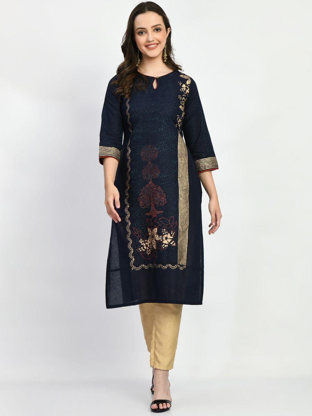 riya women blue ethnic motifs printed keyhole neck sequinned kurta