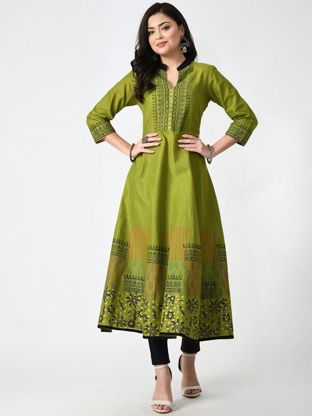 riya women green ethnic motifs block print anarkali kurta