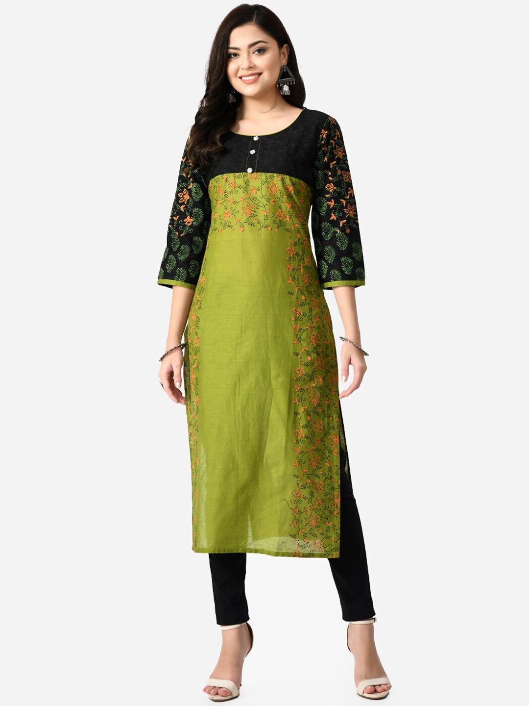 riya women green printed keyhole neck block print kurta