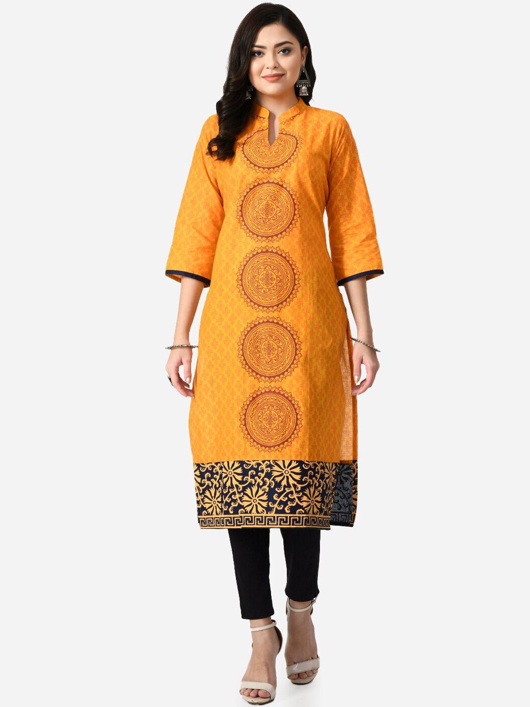 riya women mustard yellow geometric block print kurta