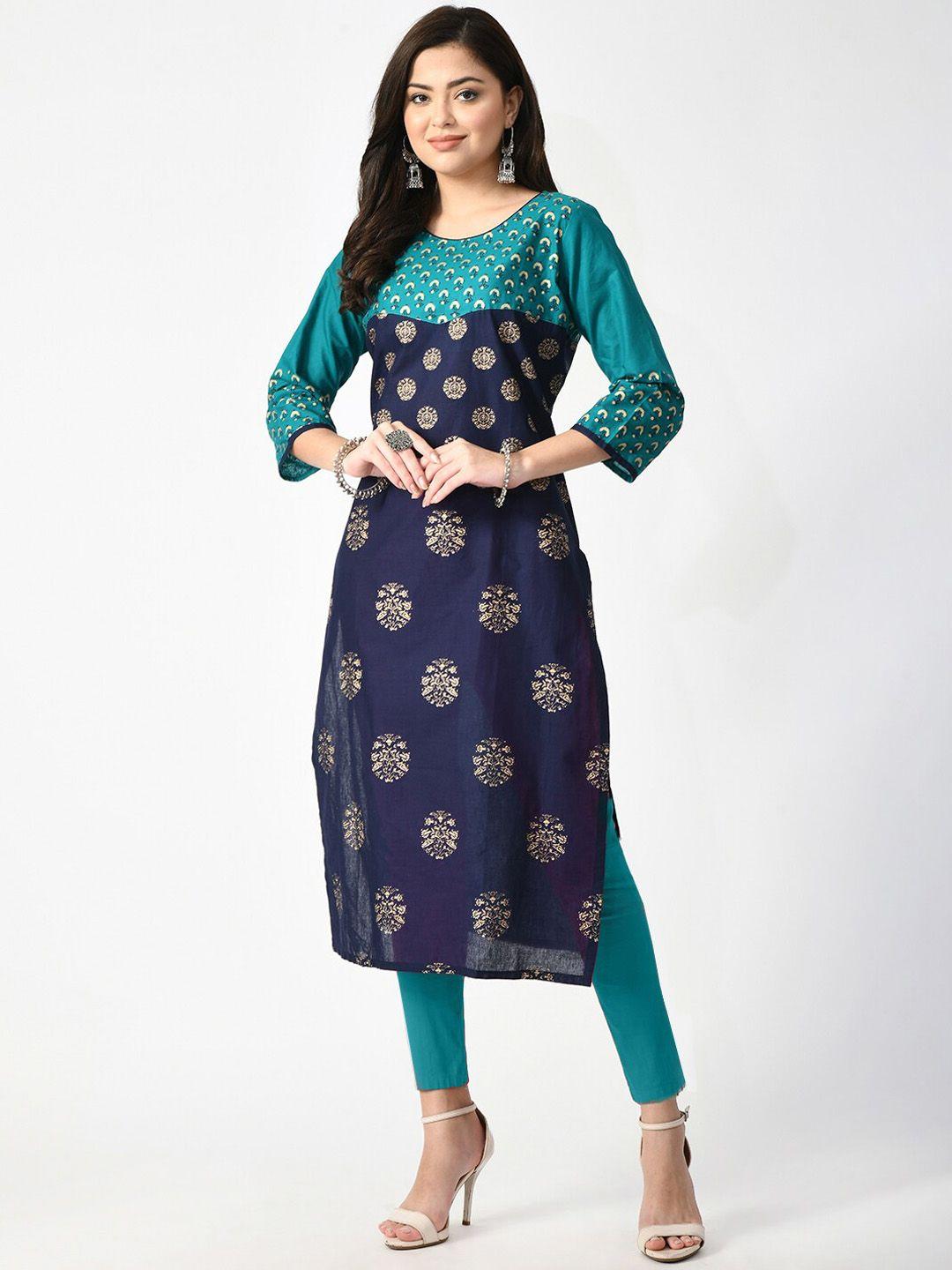 riya women navy blue ethnic motifs printed straight cut kurta