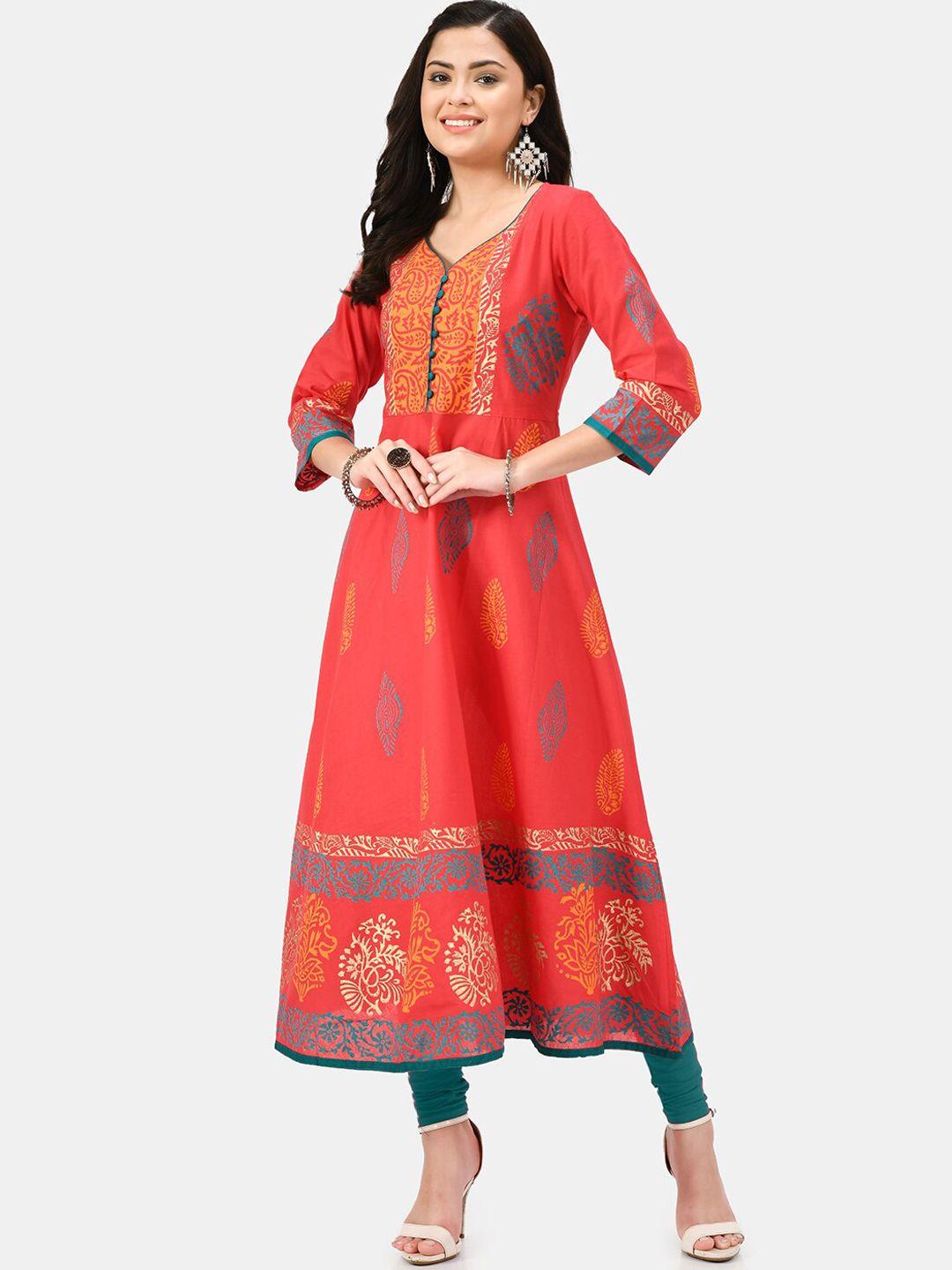 riya women rose ethnic motifs printed block print anarkali kurta